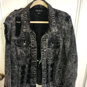 Plus size: Distressed black acid wash denim jacket